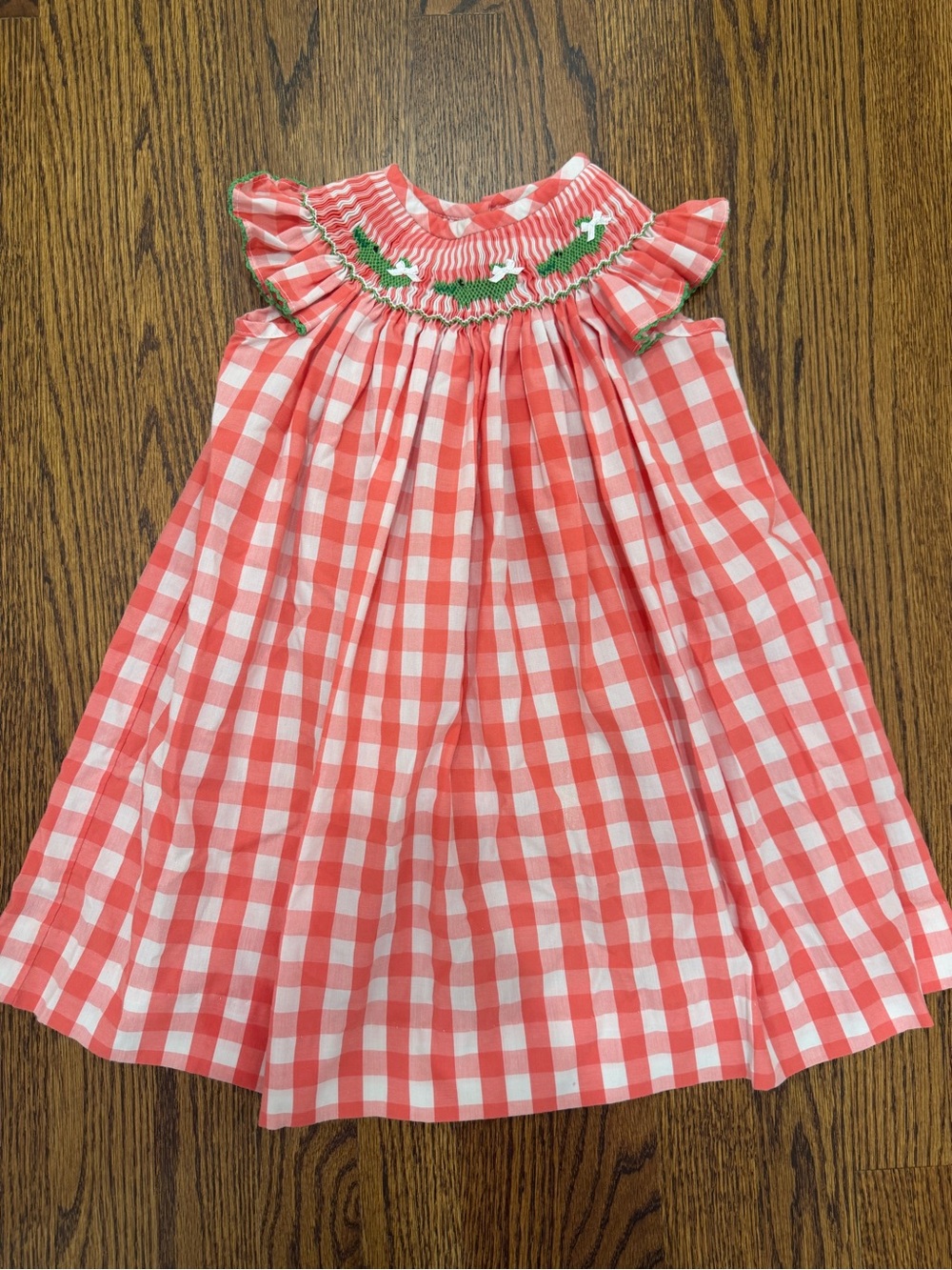 Smocked Coral Gingham Girls' Party Dress with Flutter Sleeves